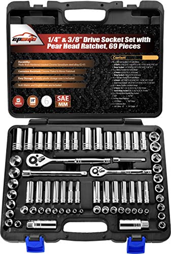 EPAuto 69 Pieces - 1/4' & 3/8' Drive Socket Set with Pear Head Ratchet, Chrome (92-824)