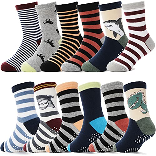 ANTSANG Baby Boys Grips Socks Kids Toddlers Infants Gifts Non Slip/Anti Skid Crew Cotton Socks 12 Pairs Gifts Stocking Stuffers (Brown Striped(12 Pairs),3-5 Y)