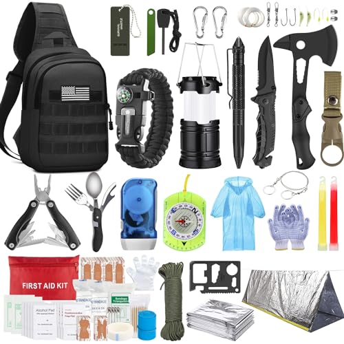 Emergency Survival Kit, 151 Pcs Survival Gear First Aid Kit, Outdoor Trauma Bag with Tactical Flashlight Knife Pliers Pen Blanket Bracelets Compass for Camping Earthquake or Adventures (Black)