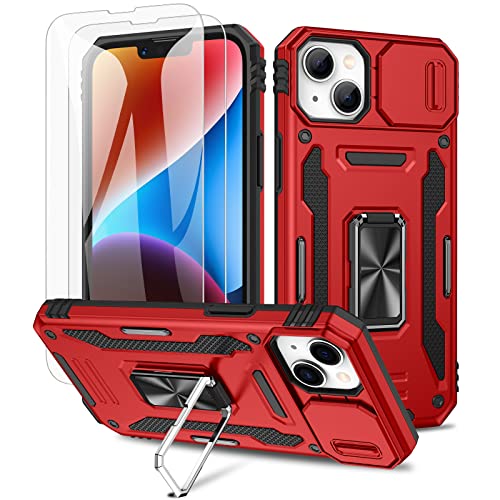 Maxdara for iPhone 14 Camera Cover Case with Front Glass Screen Protector and Rotating Stand Ring Kickstand Magnetic Car Mount Cover Case for iPhone 14 & iPhone 13, Red