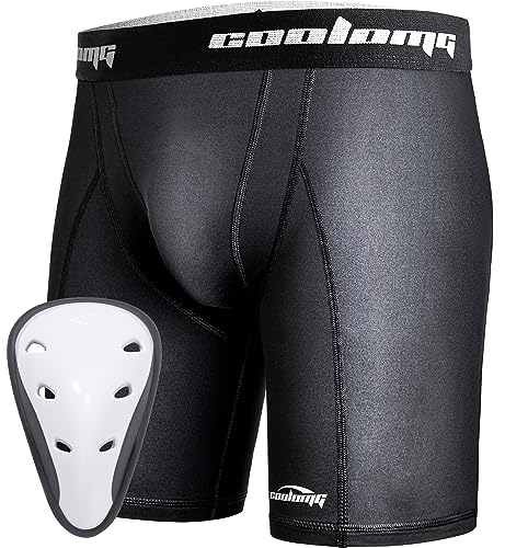 COOLOMG Men Compression Shorts with Athletic Cup Sliding Underwear for Baseball Football MMA Lacrosse Field Hockey Black M