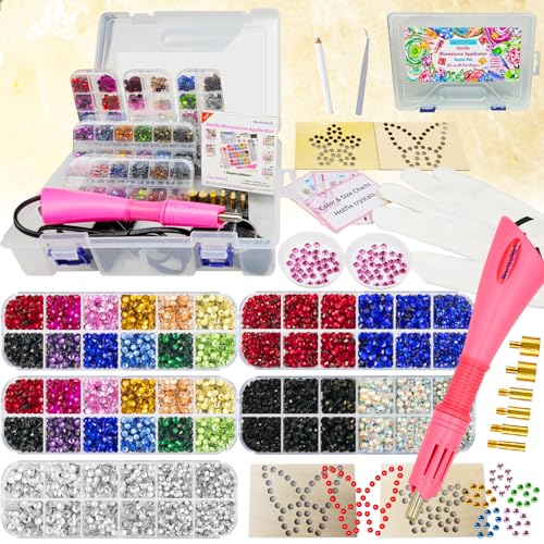 Hotfix Rhinestones Applicator Kit, Bedazzler Kit with Rhinestones, Hot Fix Rhinestone Setter Tool Kit, Heat Fixed Machine Gun Set for Clothes Fabric Clothing Wood Cardstock Leather - 8600 Pcs w/Case