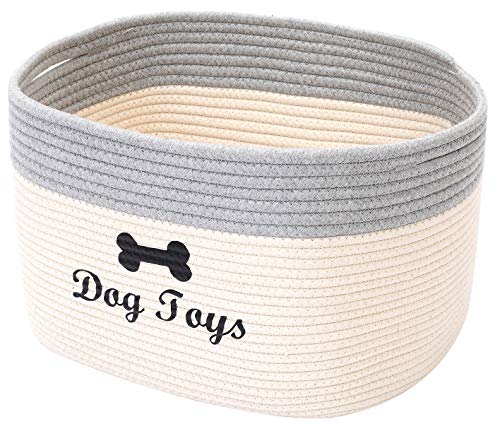 Geyecete weave Rope dog toy box baskets with Handle for Toy Storage bin blanket Storage Natural Woven Basket Pet Toy Storage Boxes-White/Gray