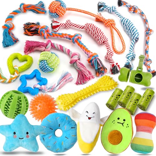 Zeaxuie 23 Pack Luxury Dog Chew Toys for Puppy, Cute Dog Toys with Ropes Puppy Chew Toys, Treat Ball and Squeaky Puppy Toys for Teething Small Dogs