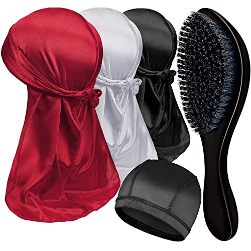 3PCS Silky Durags with 1 Wave Brush Pakcs for Men Waves, Satin Doo Rags and Medium Curve Waves Brush - Made with Boar Bristles -All Purpose 360 Waves Brush, Ideal Gifts for Christmas