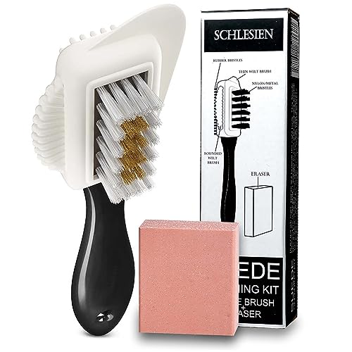 Suede Shoe Cleaner Kit with Eraser. Made 4-Way Suede & Nubuck Brush for Suede Leather Products with Brass & Nylon Bristles. Shoe Cleaning Bristle Brushes Kit for Nap Care & Boot Care.