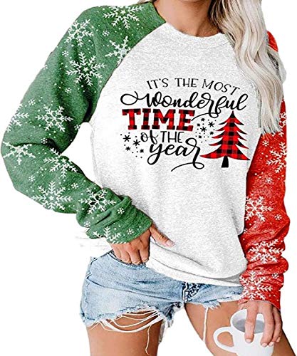 TAOHONG Merry Christmas Sweartshirt for Women Xmas Buffalo Plaid Tree Color Block Christmas Snowflake Print Long Sleeve Top T-Shirt Gray