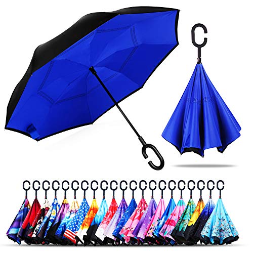 owen kyne Windproof Double Layer Folding Inverted Umbrella, Self Stand Upside-down Rain Protection Car Reverse Umbrellas with C-shaped Handle (Sapphire Blue)