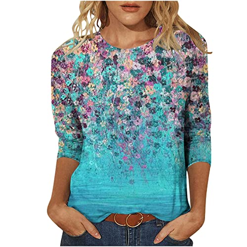 Women Swim Shirt 3/4 Sleeve Tops Dressy Casual Crewneck t Shirt Boho Floral Print Regular Fit Shirts Summer Spring Blouse