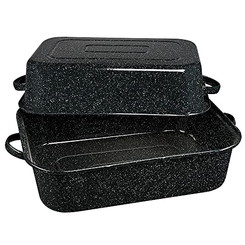 Granite Ware 21 in Oven Rectangular Roaster with lid. (Speckled Black) - Accommodates up to 25 lb poultry or roast.