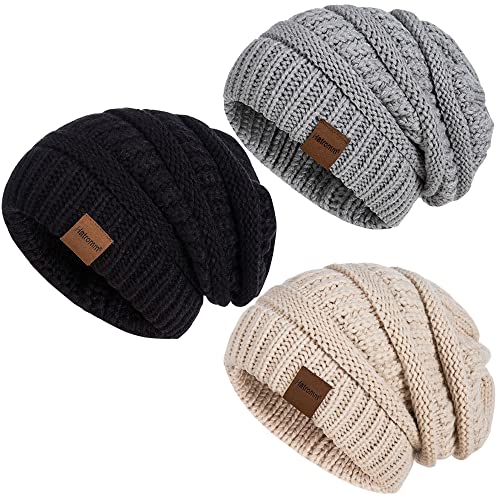 Womens Beanies for Winter 3 Pack, Slouchy Beanies for Women Oversized Knit Warm, Winter Hats for Women Thick for Cold Weather(Black+Oatmeal+Dark Gray)