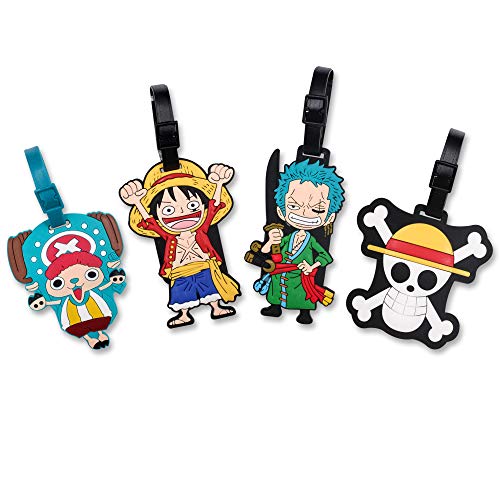 Finex 4 Pcs Set One Piece Straw Hat Pirates Silicone Travel Luggage Baggage Identification Labels ID Tag for Bag Suitcase Plane Cruise Ships with Belt Strap