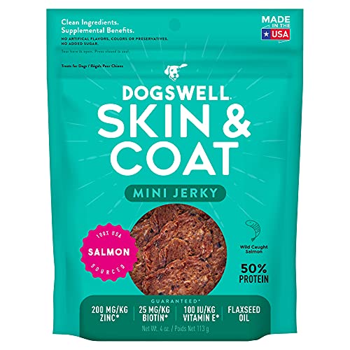 Dogswell Jerky Skin and Coat – Mini Salmon Jerky Dog Treats with Dog Skin & Coat Support (4 oz. Salmon)