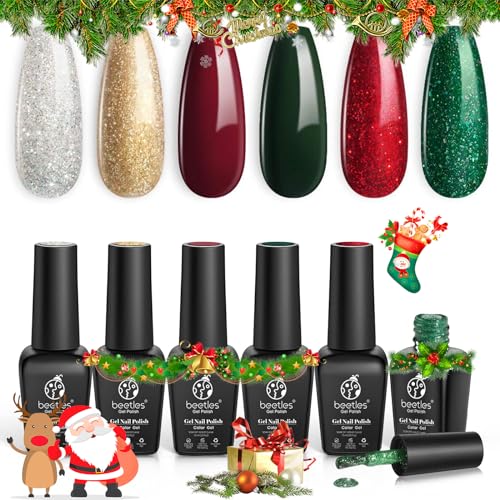 Beetles Gel Nail Polish Set, Sparkle Green Glitter Gold Silver Gel Polish Dark Green Dark Red Gel Polish Kits Soak Off Nail Lamp Uv LED Cured for Nail Art Design Christmas Day Gifts for Women