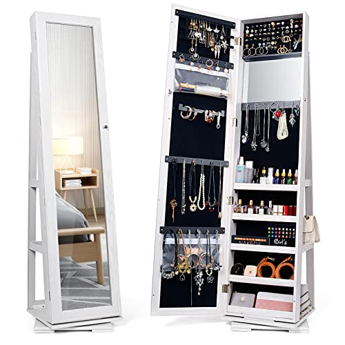 TWING 360° Swivel Jewelry Armoire with Full Length Mirror, Rotating Mirror Jewelry Cabinet Standing Jewelry Holder Organizer,Large Stand Up Jewelry Box with Storage, Soft Velvet Interior,Gift,White