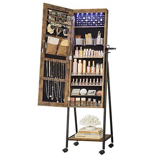 SONGMICS 6 LEDs Lockable Mirror Jewelry Cabinet,Organizer, Standing Jewelry Armoire with 4 Wheels, Mirror with Jewelry Storage, Coat Rack, Shelf, Rustic Brown and Black UJJC005X01
