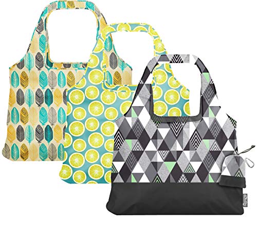 ChicoBag Vita Reusable Bag with Built-in Pouch and Carabiner Clip | Large-Capacity Shoulder Bag | Eco-Conscious Packable Tote | Variety 3pk - Lemon, Feather, & Matrix (Pack of 3)