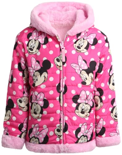 Disney Girls’ Princess Reversible Jacket – Quilted Hooded Windbreaker Puffer Coat with Faux Fur Lining (2T-16), Size 8, Minnie Pink