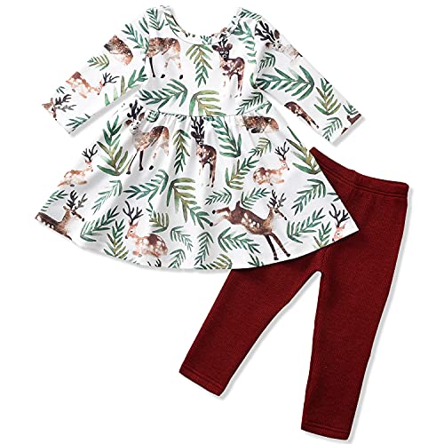 Aalizzwell Toddler Little Girls Ruffle Flare Tunic Dress Top Red Leggings Pants Fall Winter Deer Outfit Set Clothes (White, 3T)