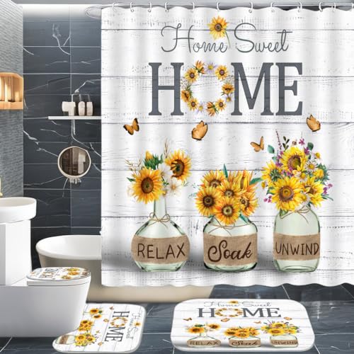 ALEXEX 4 PCS Yellow Sunflower Shower Curtain Set,Home Sweet Bathroom Set with Shower Curtain and Rugs and Accessories,Farmhouse Country Shower Curtain Bathroom Decor with 12 Hooks,72 X 72 Inches