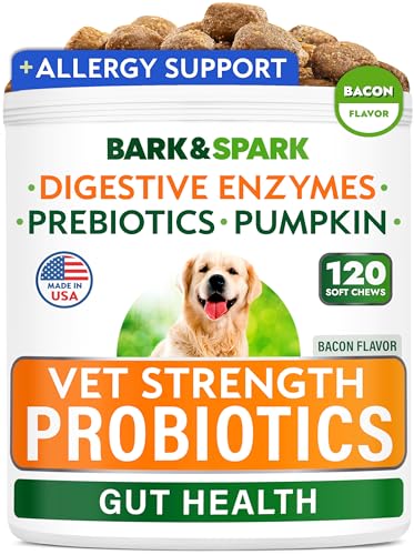 Bark&Spark Vet Strength Dog Probiotics Chews & Digestive Enzymes for Allergies Itchy Skin - Dogs Digestive Health - Gas, Diarrhea, Constipation Relief Pills - Prebiotics for Dogs Gut Health (120 Ct)