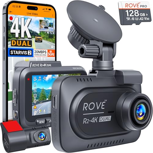 ROVE R2-4K DUAL Dash Cam Front and Rear, STARVIS 2 Sensor, FREE 128GB Card Included, 5G WiFi - up to 20MB/s Fastest Download Speed with App, 4K 2160P/FHD Dash Camera for Cars, 3' IPS, 24H Parking Mode
