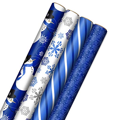 Hallmark Image Arts Blue Christmas Wrapping Paper with Cut Lines on Reverse (4 Rolls: 120 sq. ft. ttl) Snowmen, Snowflakes, Blue and White Stripes