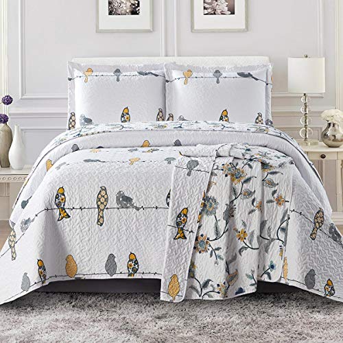 Royal Hotel Bedding Ayat Birds Oversized Coverlet Set, Luxury Printed Design Quilt, Bedspread Set - Filled Quilts - Fits Pillow top Mattresses - 3PC Set - King / Cal King Size