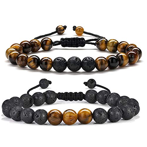 M MOOHAM Bead Bracelet for Mens Gifts, Natural Tiger Eye Black Lava Rock Stone Mens Anxiety Bracelets, Adjustable Aromatherapy Essential Oil Diffuser Healing Bracelet Gifts for Men Gifts for Father