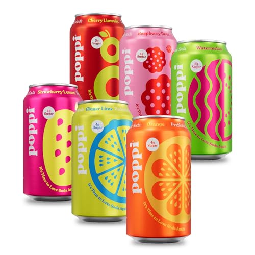 POPPI Sparkling Prebiotic Soda, Beverages w/Apple Cider Vinegar, Seltzer Water & Fruit Juice, Fun Favorites, 12oz (12 Pack) (Packaging May Vary)