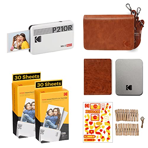 KODAK Mini 2 Retro 4PASS Portable Photo Printer (2.1x3.4 inches) + 68 Sheets Gift Bundle, White