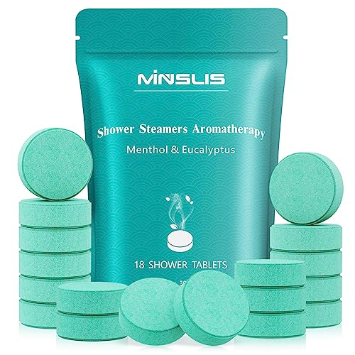 MINSLIS Shower Steamers Aromatherapy, 18-Pack Shower Bombs, Long-Lasting Shower Tablets Essential Oil Stress Relief and Relaxation Bath Gifts for Women and Men (Eucalyptus & Mint)