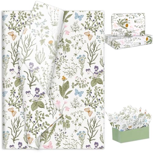 JarThenaAMCS 100 Sheets Vintage Wildflower Tissue Paper Wild Floral Art Tissue Spring Wrapping Paper for Birthday Wedding DIY Crafts Gift Packing, 20 x 14 Inch