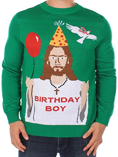 Tipsy Elves Men's Ugly Christmas Sweater - Happy Birthday Jesus Sweater Green Size XL