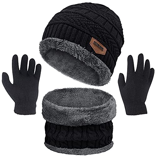3 Pcs Boys Girls Winter Beanie Hat Scarf Gloves Set Thick Knitted Warm Toddler Winter Hat Mittens Neck Warmer for Kids, Black