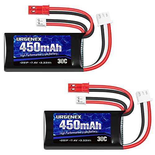 URGENEX 7.4V Lipo Battery 2S 30C 450mAh Rechargeable Lipo Battery with JST & PH2.0 Plug SCX24 Small Lipo Battery Compatible with Most 1/10, 1/16, 1/18, 1/24 Scale RC Cars Trucks and RC Drone Airplane