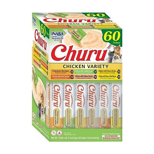 INABA Churu Cat Treats, Grain-Free, Lickable, Squeezable Creamy Purée Cat Treat/Topper with Vitamin E & Taurine, 0.5 Ounces Each, 60 Tubes, Chicken Variety Box