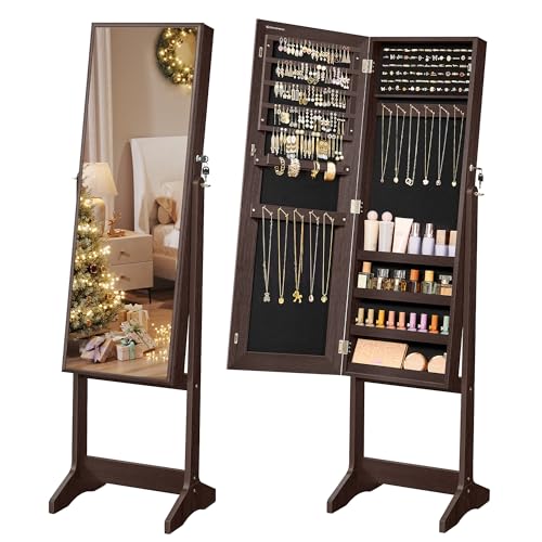 SONGMICS Mirrored Jewelry Cabinet Armoire, Standing Full Body Larger Mirror, Lockable Jewelry Organizer, Brown UJJC69BR, 16.2 x 14.4 x 59.6 Inches