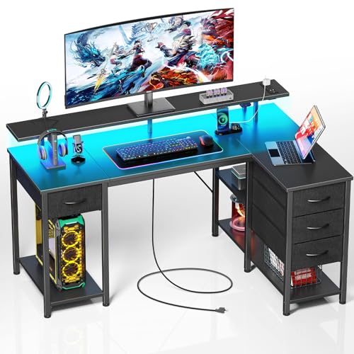 Seventable L Shaped Computer Desk with Drawers 47.2 inch, Gaming Desk with Power Outlets & LED Lights,Reversible Office Desk with Storage Shelves, Corner Desk with Monitor Stand for Black