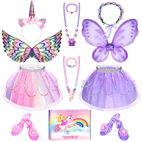 Unicorn & Flower Princess Dress Up Clothes Set for Girls - Tutu, Wings, Shoes, Jewelry, Headband & Play Toys Gift Set for Toddlers