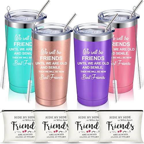 Geiserailie Good Friends Gifts for Women 4 Pcs We'll Be Friends 20 oz Insulated Travel Tumbler and 4 Pcs Friendship Cosmetic Bags Makeup Pouch Christmas, Birthday Gifts for Friends, Bestie, Bff