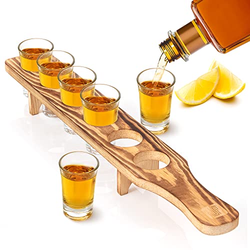 Don Paragone Shot Glasses Bulk Serving Tray and Shot Glass Set of 6 - Tequila Shot Glasses with Wooden Holder - Small Clear Shot Glasses For Restaurant, Bar, Party (Rustic Burnt Deluxe)