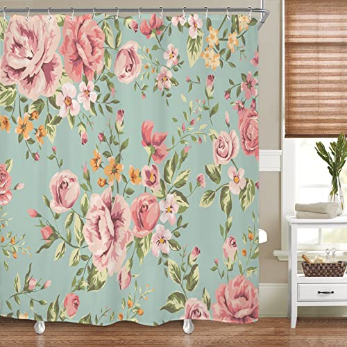 Riyidecor Fabric Pink Flower Shower Curtain for Bathroom 72Wx72H Inch Rose Floral Blooming Green Leaves for Girl Women Bathtub Accessories Decor Rustic Waterproof Fabric Bathroom 12 Pack Hooks WW-NDHC
