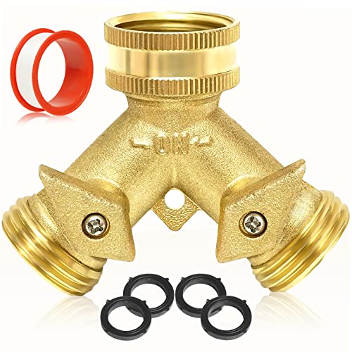 Garden Hose Splitter 2 Way - Heavy Duty Solid Brass Hose Y Splitter，Hose Faucet Splitter,3/4' Brass Hose Adapter Connectors Shut Off Valve, Hose Spigot Adapter 2 Valves, Plus 4 Extra Rubber Washers.
