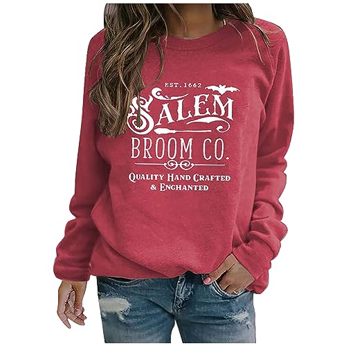 halloween shirts Halloween Shirts for Women 2023 Witch Broom Print Long Sleeve Retro Sweatshirts Crewneck Funny Fall Vintage Shirts Red S
