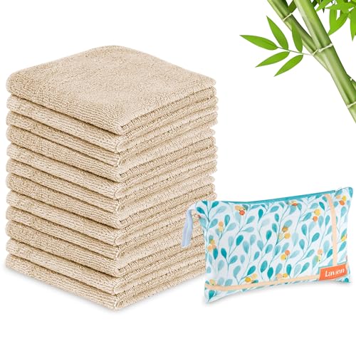 Lavien Home 12 Pack Washcloths Rayon from Bamboo with Multi-Purpose Clutch Bag, Ultra-Soft Absorbent Towels for Face, Body, Shower, Make-Up, Baby, and More - Cloud Touch, Reusable Wipes