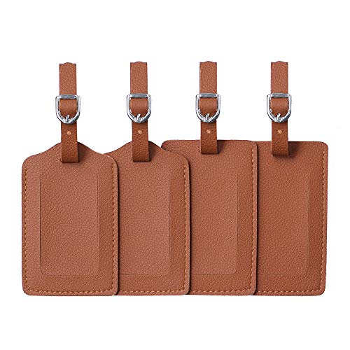 Vigorport Luggage Tag，Leather Identifiers Travel Tags for Suitcase,Bag Tags with Name Card Holder-Set of 4(Brown)