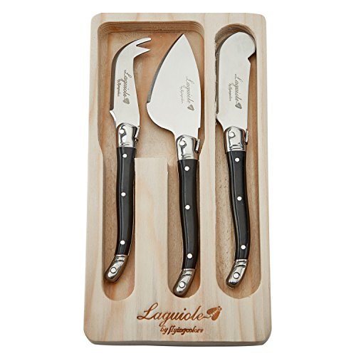 Laguiole By FlyingColors Butter Knife Spreader Cheese Knife Set, with Wooden Gift Holder, 3 Pieces (Black)
