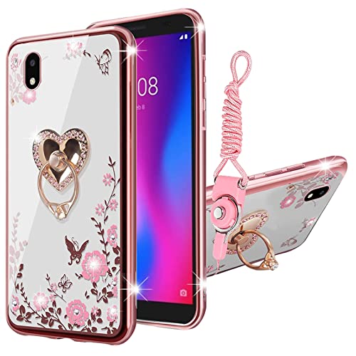 KuDiNi for ZTE Avid 579/ ZTE Blade A3 2020 Case for Women Glitter Soft Tpu Luxury Cute Crystal Butterfly Heart Floral Protective Cover with Ring Kickstand+Strap for ZTE Avid 579 Phone Case(Rose Gold)