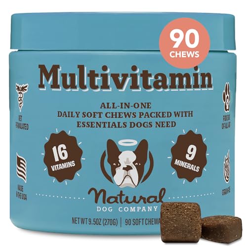 Natural Dog Company Multivitamin Chews (90 Pieces), Dog Vitamins and Supplements, Peanut Butter & Bacon Flavor, for Dogs of All Ages, Sizes, & Breeds, Supports Immune System